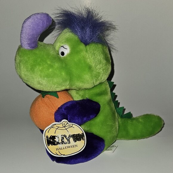 VTG Kellytoy Halloween Plush 9.5" Toy Dinosaur Pumpkin Green Purple Orange w/TAG - Picture 1 of 12